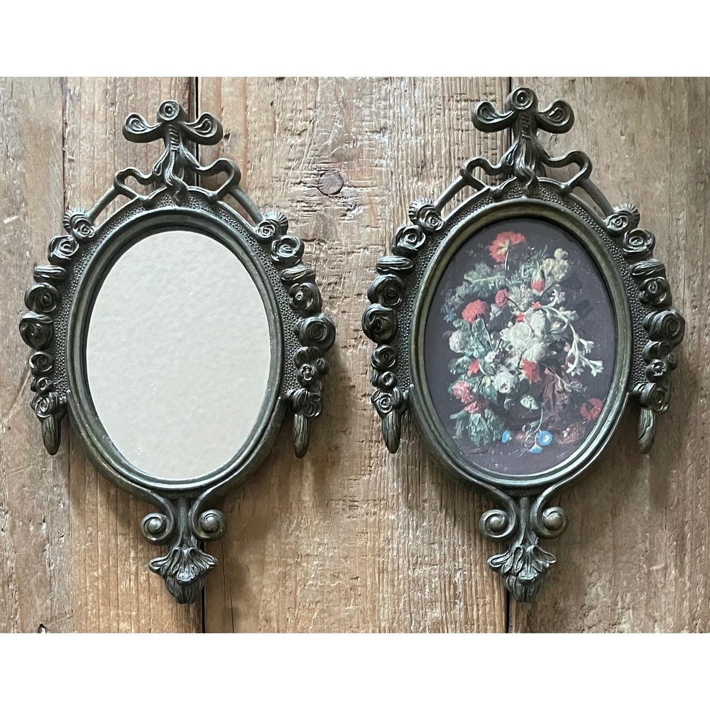 Pair Vintage Italian Brass Ornate Oval Mirror & Floral Print Wall Decor